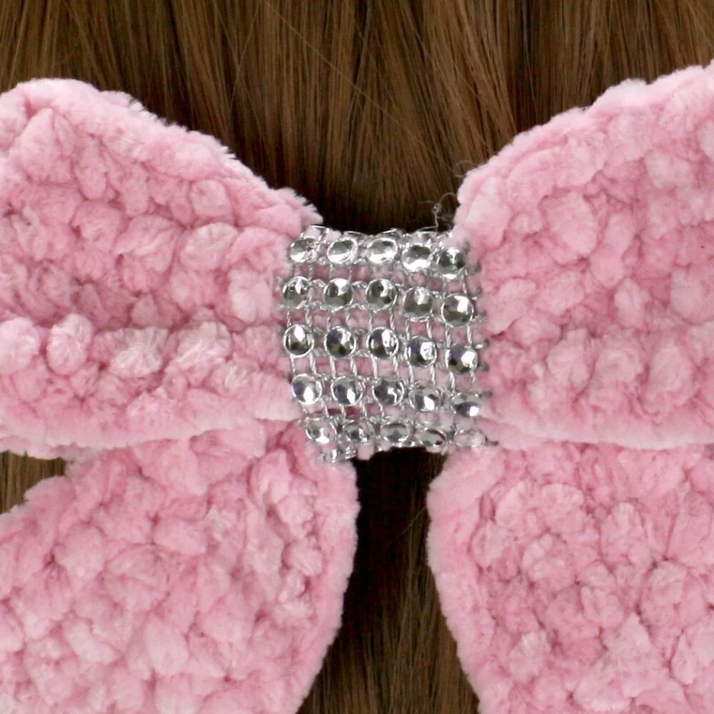 HAND CRAFTED Hair Bow Kids Crochet Chenille Velvet Hair Barrette Oversized Pink